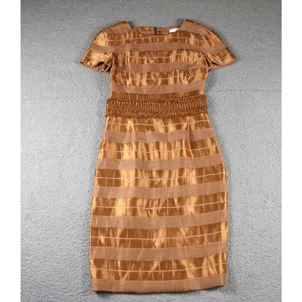 Carolina Herrera Dress 6 Bronze Silk Blend Textured Waist Band USA